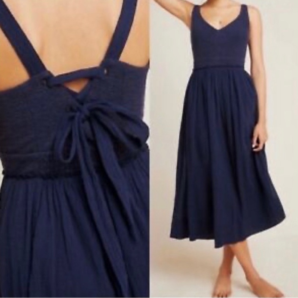 Anthropologie Elina Woven Smocked Sleeveless Tie Back Dress